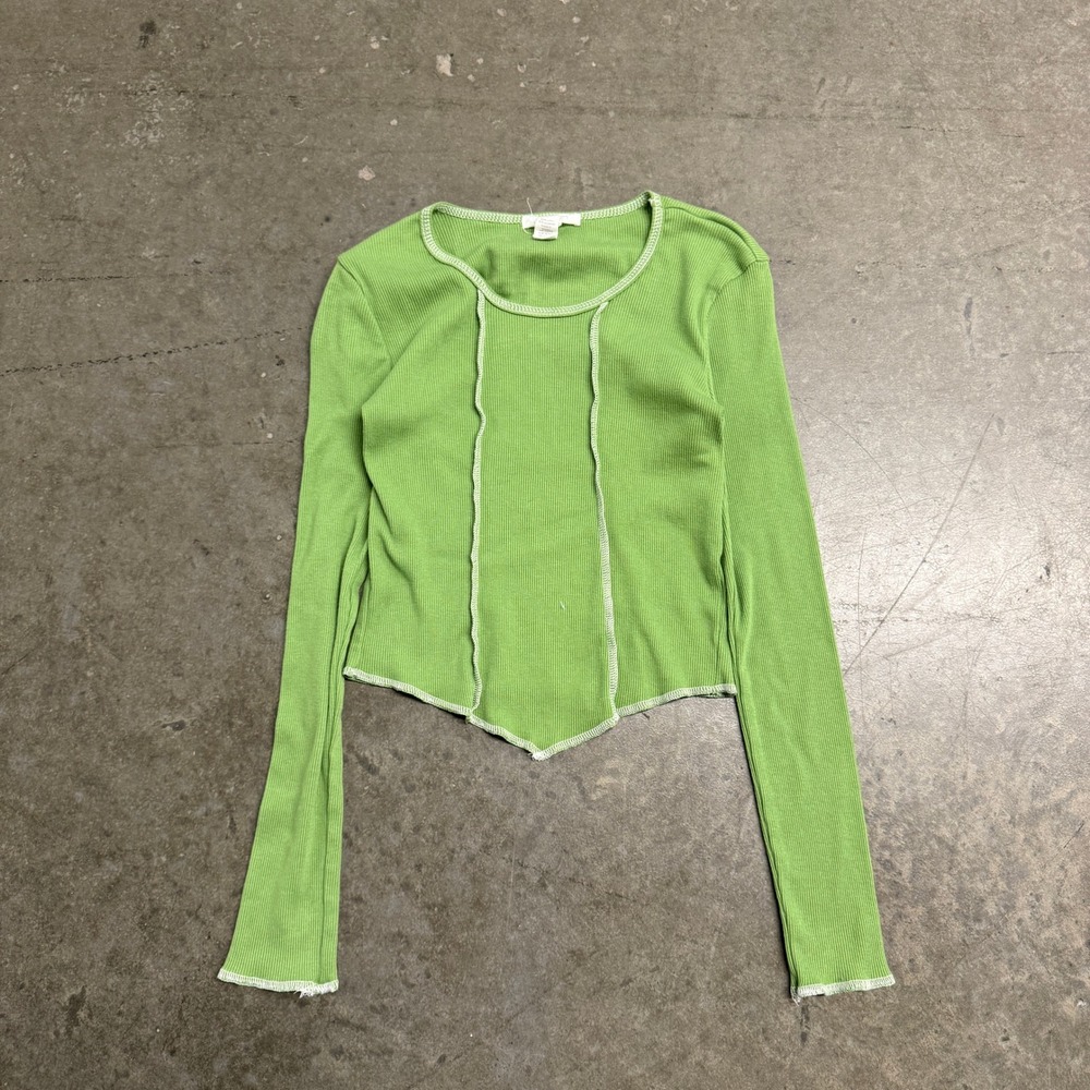Full Tilt Lime Green Ribbed Long Sleeve Lettuce Edge Handkerchief Hem Top L